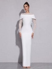 White Off-Shoulder Long Sleeve Beaded Sheath Full-Length Wedding Dress