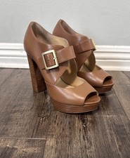 Michael Kors Mid Platform Heeled Strap Sandals Brown Leather Size 7