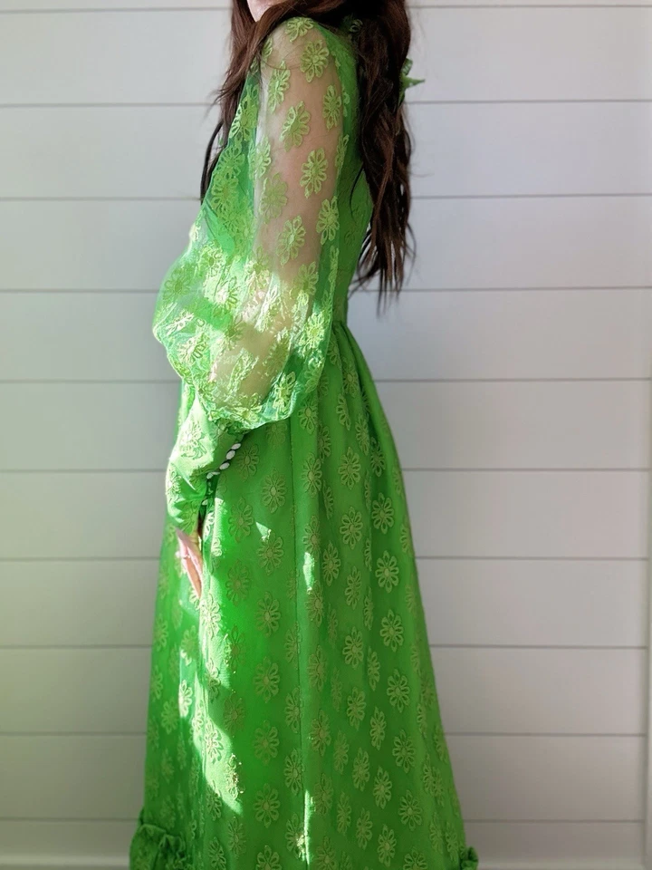 Maxi Vestido Vintage Años 70 Flower Power Manga Julieta Verde Lima Dama de Honor Foto 4 de 4