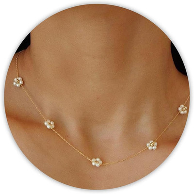 Handmade Daisy Pearl Necklace 18K Gold Plated Stainless Steel Jewelry for Women
