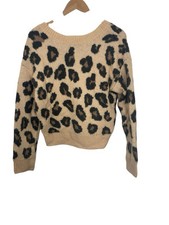 Victorias Secret PINK Womans Leopard Print Sweater V Neck Small Beige Black