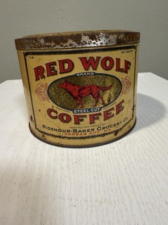 Red Wolf steel Cut Coffee Tin Ridenhour Baker Grocery Co Kansas City Mo