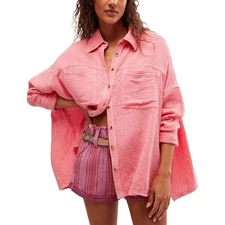 Free People Cardiff Seer Sucker Top Gauzy XL Pink Oversized Boho Hippie Hobo