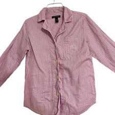 LAUREN RALPH LAUREN Women's Pajama Top Pink White Stripe Button Logo Size Medium
