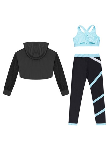 Kids Girls Outfit Long Sleeve Set Hooded Crop Top Performance Pant Jazz Vest - Picture 22 of 52