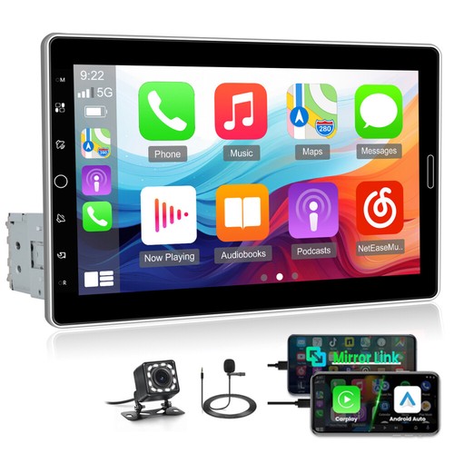 10.1" Single 1Din Rotatable Carplay Car Stereo BT Touchscreen MP5 Radio Mic Cam