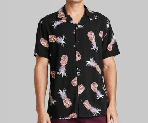 Pineapple Men's Short Sleeve Button Down Aloha Hawaiian Shirt Black Original Use