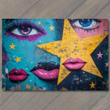 Art Print Woman Feminine Graffiti Blue Eyes Pink Lips Yellow Star Urban Abstract