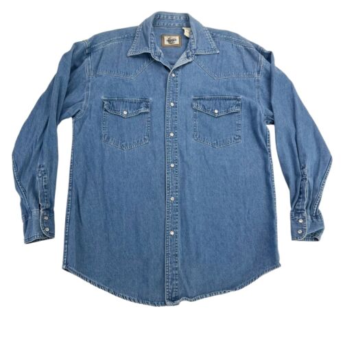 VTG Western Plains Wear Men Blue Denim Shirt Pear… - image 1