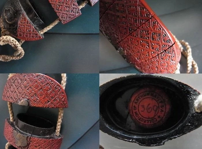 Atribuido Hanzan Inro Netsuke Ojime Tsuishu Cinnebar Laca Oro Japón EDO 18c Foto 3 de 4