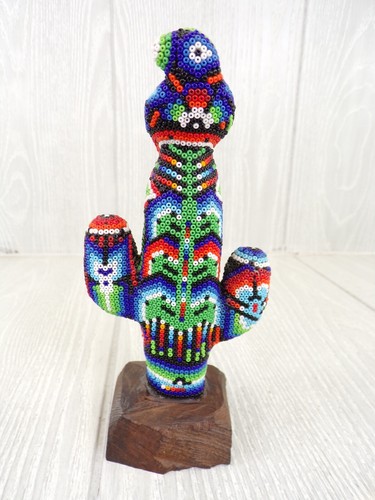 Cuentas de cactus mexicanas huichol sobre cera y arte en madera 7" H ¡EXCELENTE ESTADO USADO!! - Imagen 7 de 14