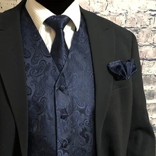 Classic Men Paisley Design Dress Vest and Neck Tie Hankie Set For Suit or Tuxedo