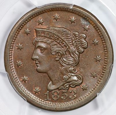 1853 N-23 R-4 PCGS MS 64 BN EDS Braided Hair Large Cent Coin