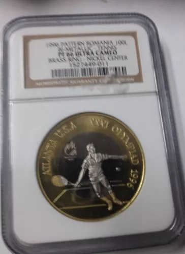 Rare 1996 Romania Bi-metal 100 L pattern Olympic Tennis NGC PF 66