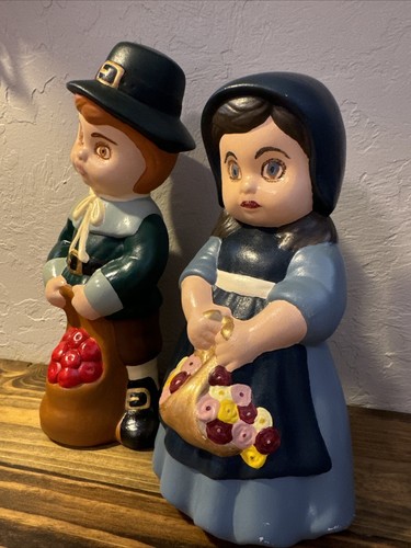 Vintage Ceramic Thanksgiving Boy/Girl Hand Painted Pilgrim Figurines 10". - Picture 2 of 6