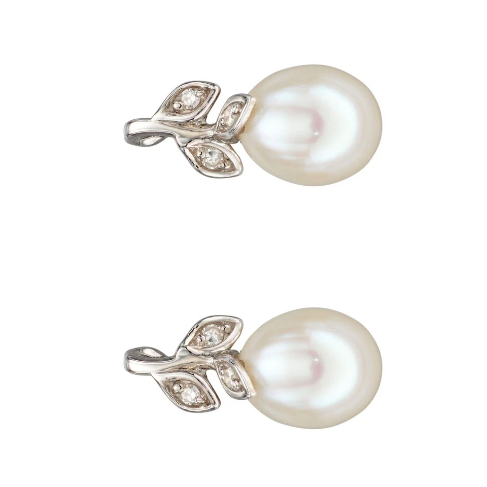 Perla Y Diamante Tuerca Pendientes Británico Hecho 9ct Oro Blanco 375 Contraste - Imagen 2 de 3