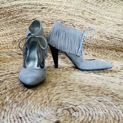 Calvin Klein | Pixy E3418 | Suede Fringe 3  Heels / Booties in Cement ~ Size 6M