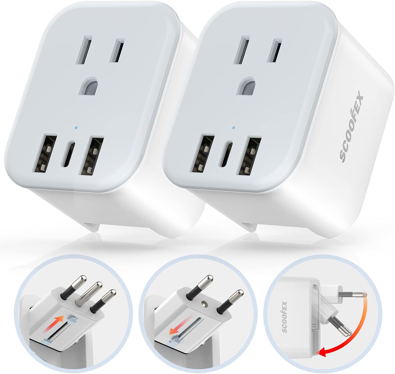 2 Pack Foldable European Travel Plug Adapter with 3 USB (1 USB-C Port) and 1 AC