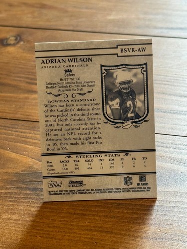 Topps BSVR-AW Bowman Sterling Arizona Cardinals Adrian Wilson Jersey Patch Card - Picture 5 of 9