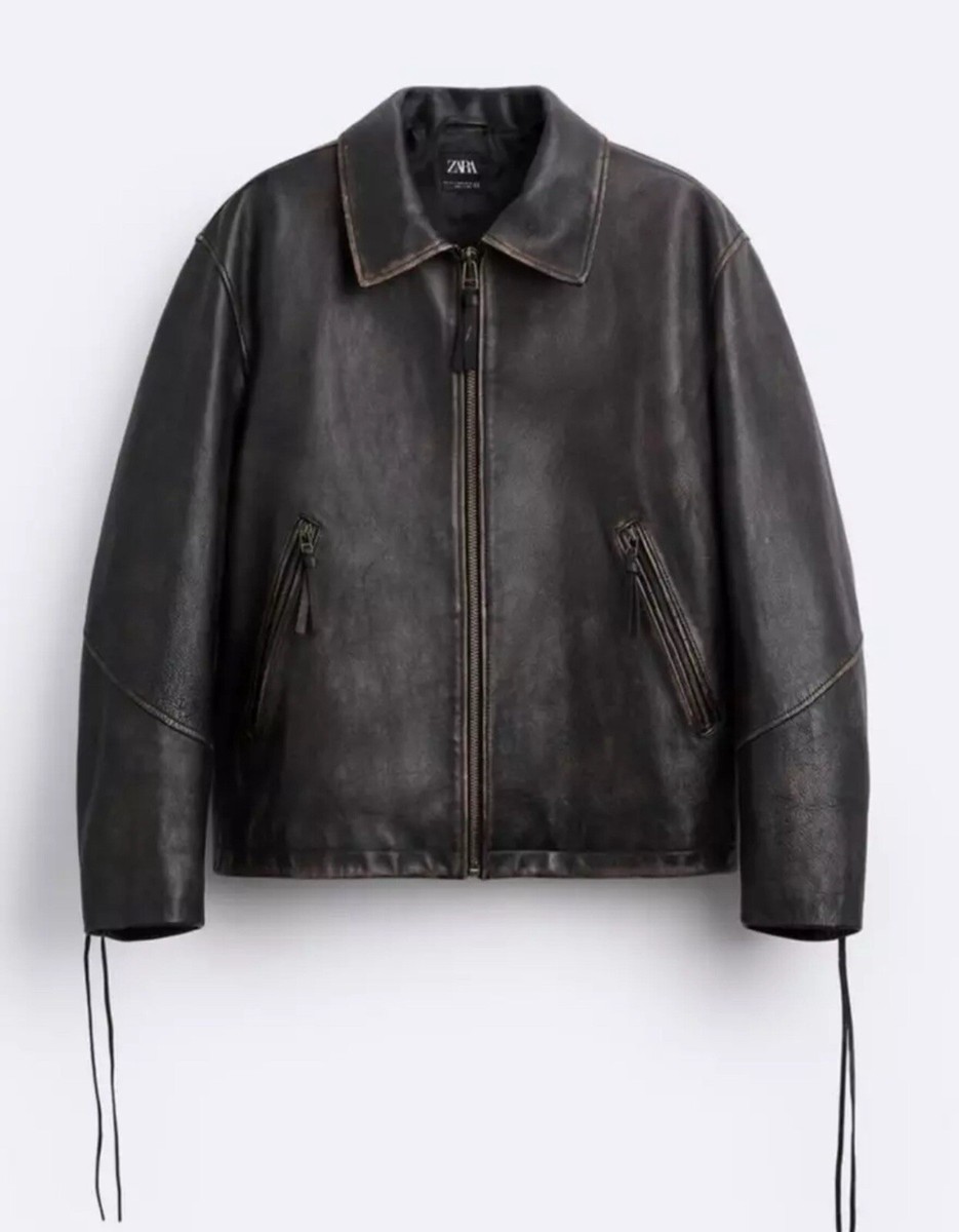 Zara Men's Vintage Effect Black 100% Cow Leather Jacket Size