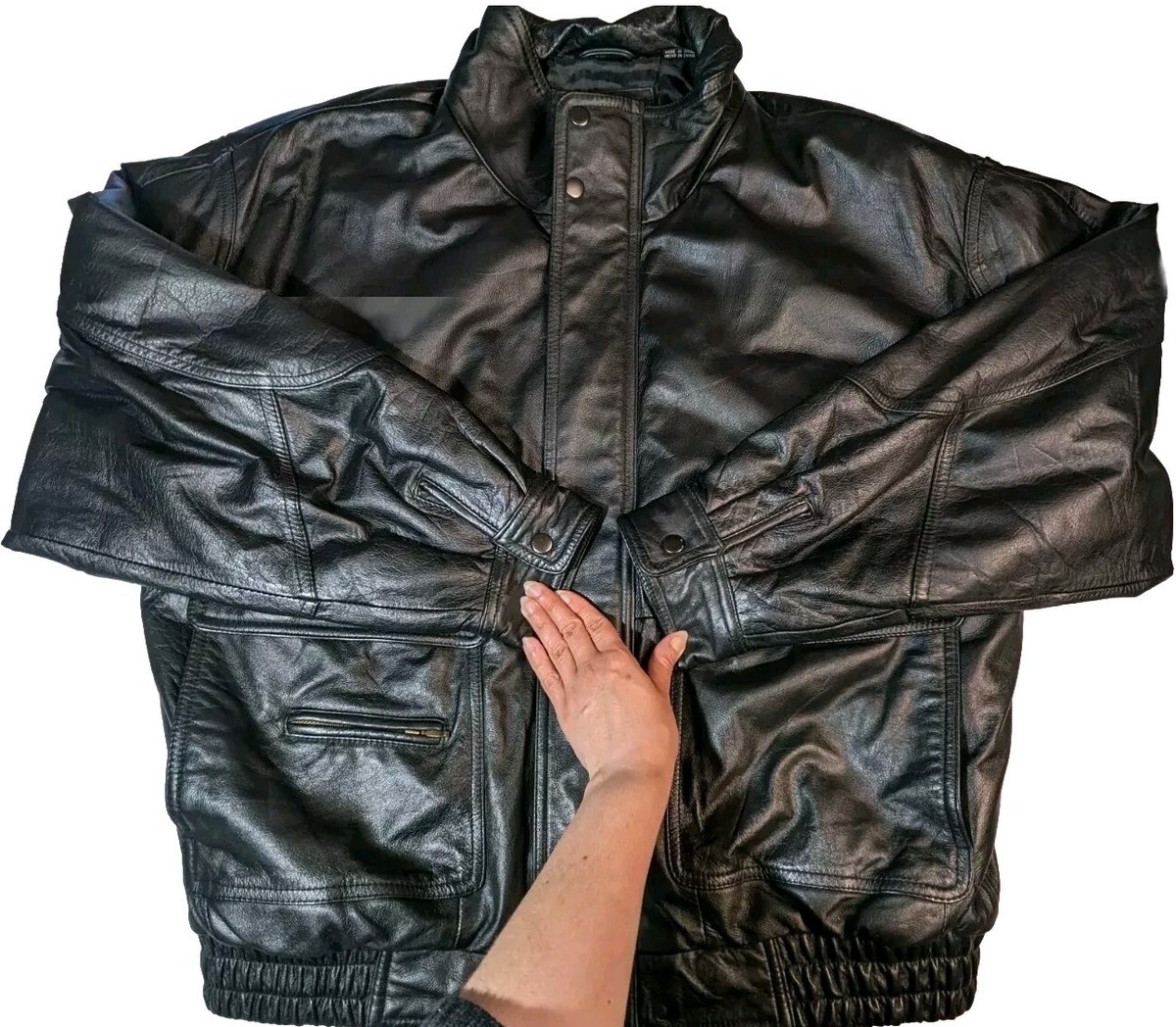 Members Only Jacket Coat Genuine Leather Men L Black Full Zip Polyester  Lined