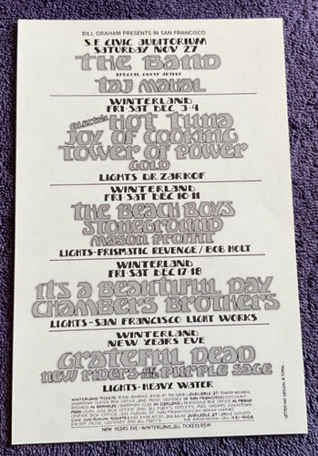 Bill Graham 1971 Handbill Beach Boys Grateful Dead TOP Hot Tuna NRPS The Band - Picture 2 of 4