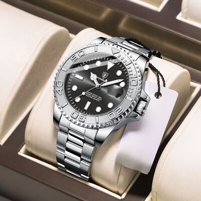 Herren Datum Uhren Edelstahl Quarzuhr Wasserdicht Leuchtende Armbanduhr UK