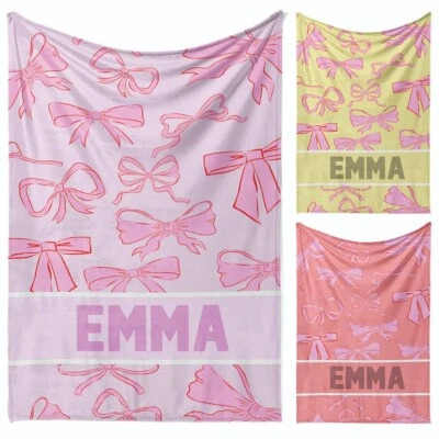 GIFTIMIZED Personalised Name Coloured Pink Bows Printed Soft Warm Fleece Blanket Decor