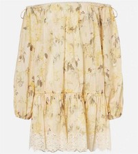 Zimmermann Summer Lemon Print Off Shoulder Lace Trim Relaxed Long Sleeve Dress