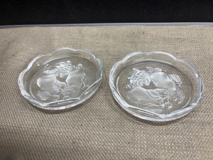 Val St Lambert Crystal Coasters With An Etched Frosted Fruit Pattern Signed