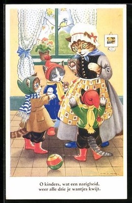 Künstler-AK sign. Jean D. Howe: Katzenmutter mit drei Katzenkindern 1961 