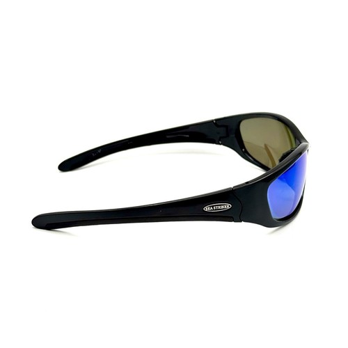 Sea Strike Designer Wrap Sunglasses Glossy Black Fashion Frame Blue Mirror Lens - Picture 7 of 13