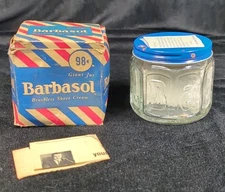 Vintage Barbasol Shaving Cream Glass Jar Blue Lid Box Art Deco Design Embossed