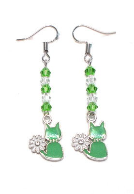 CATS GREEN,TINY WHITE FLOWER/GREEN SWAROVSKI CRYSTALS-EARRINGS/HANDMADE JEWELRY