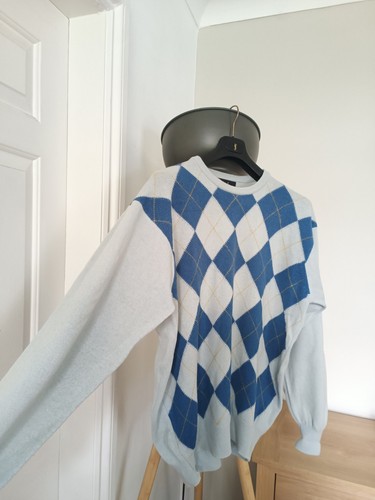 Vintage Pringle Sport Jumper Large 100% Lambswool V Argyle Diamond Scotland Blue - Picture 1 of 9