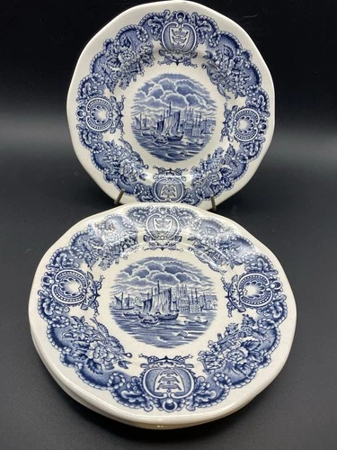 3 Vtg Port Hull, Ports Of England, Blue & White Transferware 6” Plates, EUC