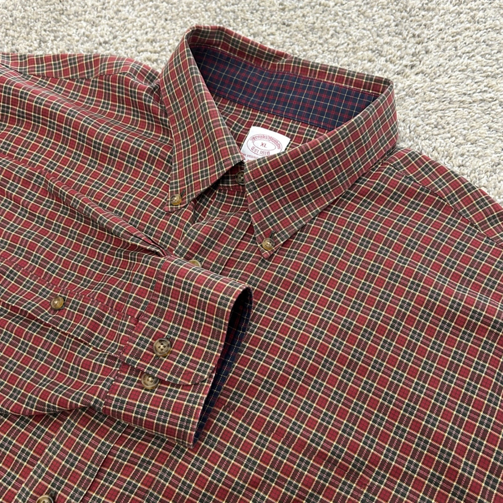 Brooks Brothers Button Down Shirt XL Red Plaid Non-Iron Regular Fit Cotton