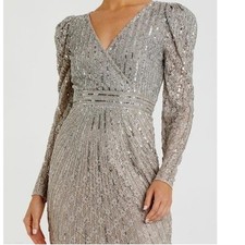 Mac Duggal Taupe Beaded Faux Wrap Long Sleeve Cocktail Dress Mother of Bride, 16