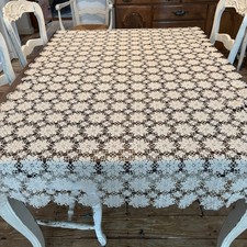 VTG Hand Crocheted Tablecloth 40x60 Beige Midweight Lace Delicate Snowflakes