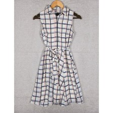 Banana Republic Womens 00P Petite Fit Flare Dress Cream Plaid Sleeveless Belted