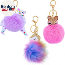 3 Pieces Animal Pom Pom Keychain Cute Fluffy Key Ring Unicorn Keychain for Women