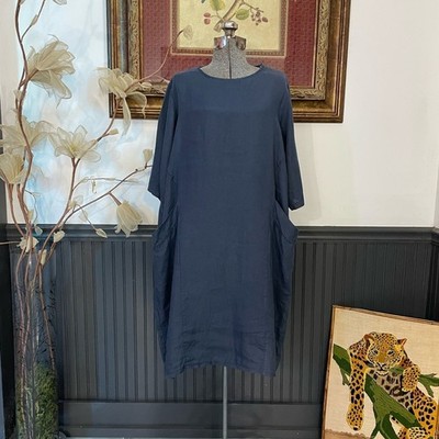 BECASA 100% Linen Slate Blue Lagenlook Box Dress - One Size   