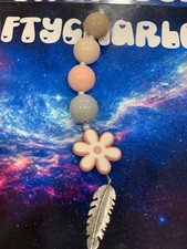 Handmade Beaded Keychain, Pastel, Flower, Feather Charm