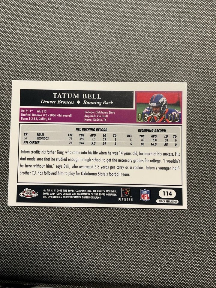2005 TOPPS CHROME TATUM BELL #114 BLACK REFRACTOR 67 /100 - Image 4 of 4