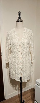 April Cornell creme Boho Spitze Netz Häkel bestickt Midi offen Cardigan L