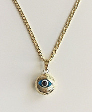 14K Solid Yellow Gold Blue Evil Eye Pendant 18" Necklace-10mm Lucky Charm- PT454