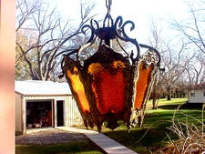 VINTAGE STAIN GLASS HANGING LAMP LIGHT FIXTURE ORNATE MADE NORTH KANSAS CITY MO.