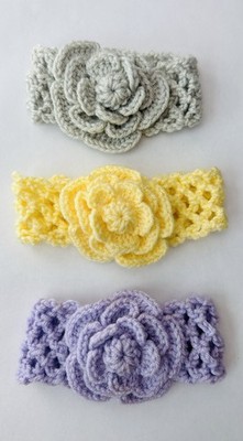 Baby Stretch Crochet Flower Headbands - Gray Yellow Purple, Solid Pattern