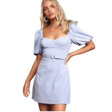 Lulus Dedication to Detail Light Blue Puff Sleeve Belted Mini Dress Size M