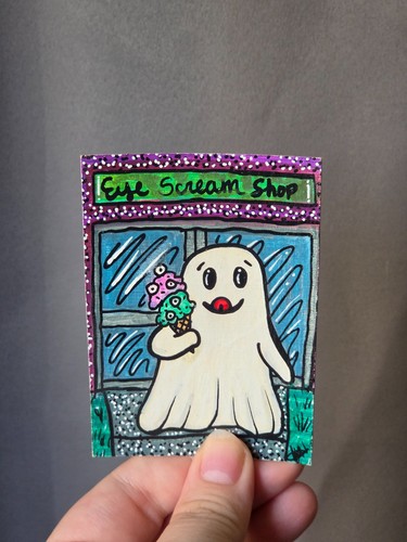 ACEO Original by MirandaHavensArt Ghost EyeScream, Acrylic Marker Art Cardboard